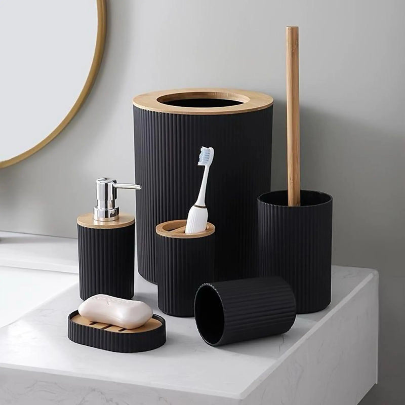 Set Accessoires Salle de Bain Plastique Noir, Blanc ou Bleu, 4 ou 6 Pièces