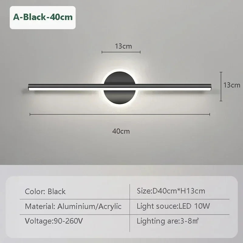 Applique Salle de Bain Noire LED avec Disque Mural pour Miroir, 40 à 80 cm