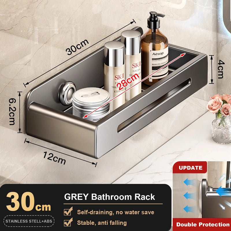 Étagère Salle de Bain Inox Gris à Ventouses, Sans Perçage 30 à 50 cm