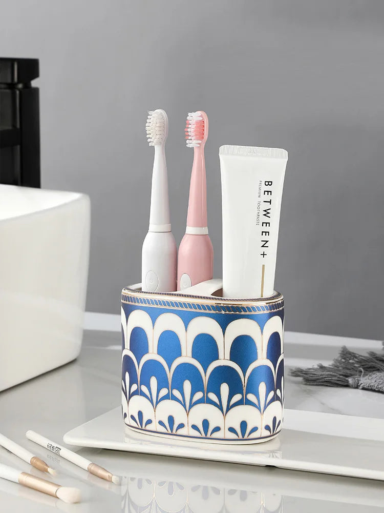 Porte-Brosse à Dents et Dentifrice Céramique Ovale, 4 Décors, 11 cm