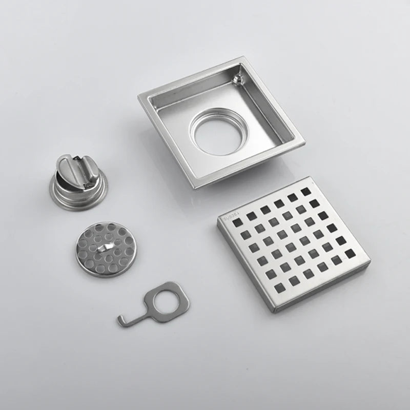 Caniveau de Douche Carré Anti-Odeur Inox 304, Grille 11 ou 15 cm