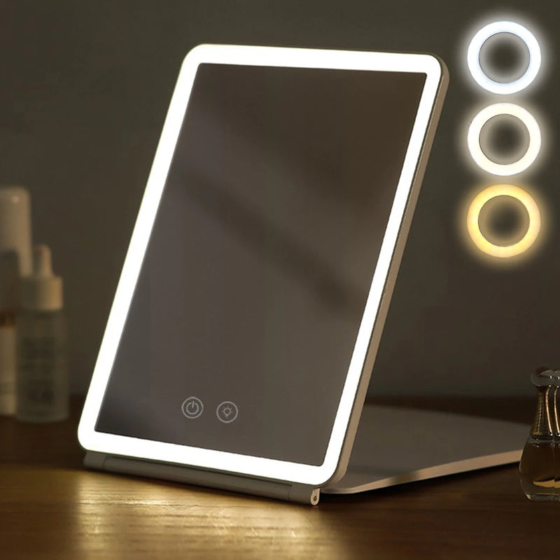 Miroir de Maquillage LED Pliant Rechargeable USB, 3 Teintes de Lumière