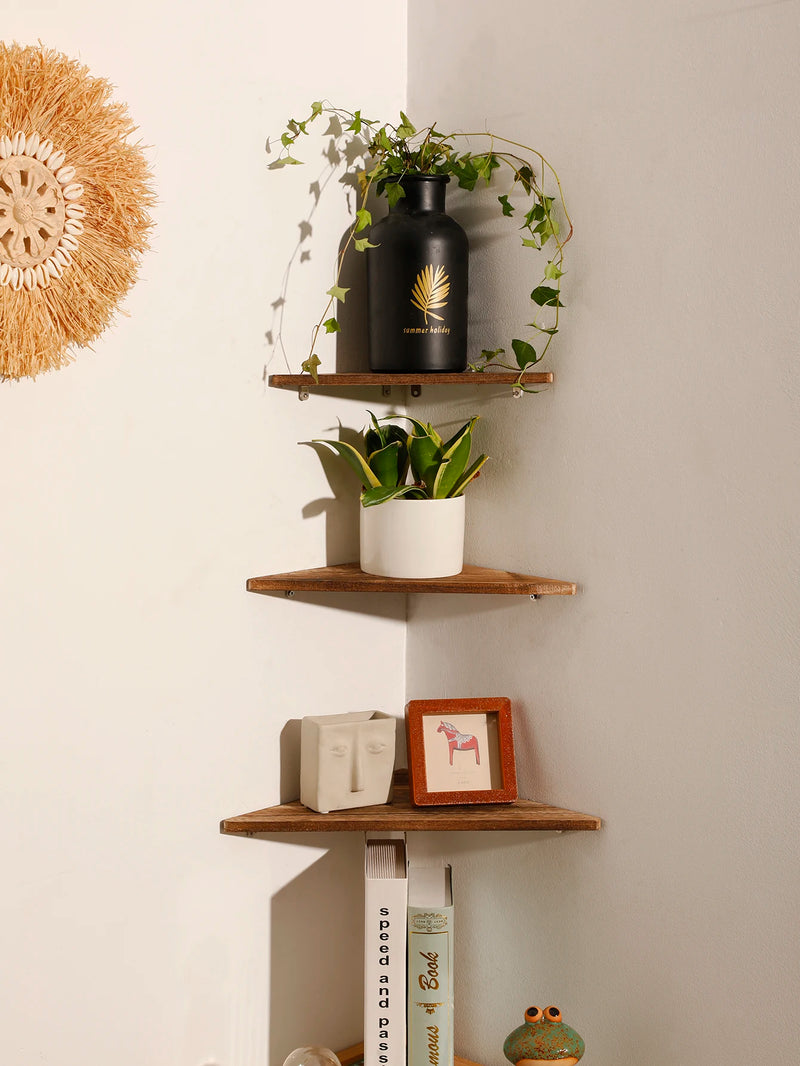 Étagère d'Angle Murale en Bois Brûlé, Étagère Seule ou Lot de 3