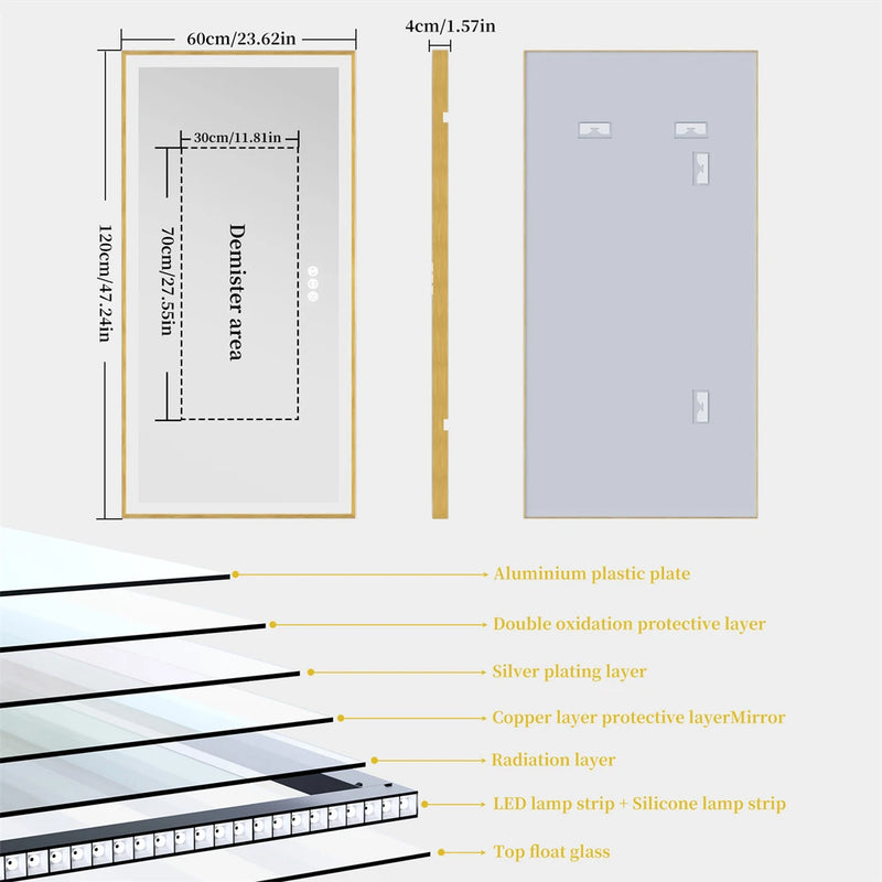 Miroir LED Salle de Bain Cadre Doré Anti-Buée Tactile, 80 à 120 cm
