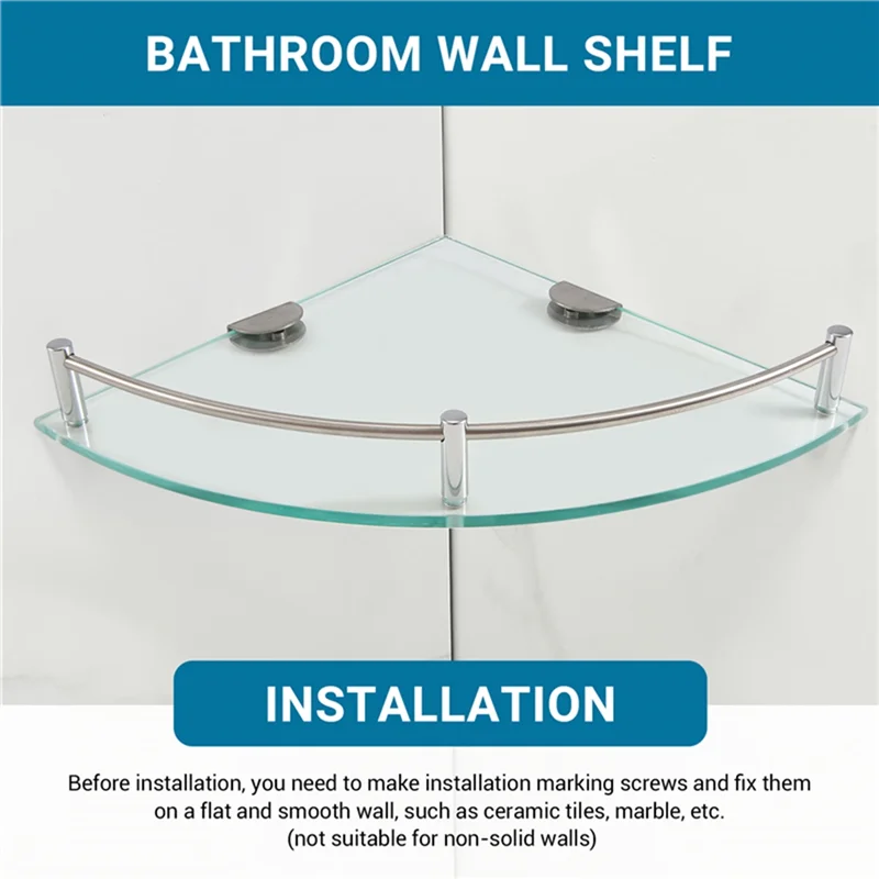 Étagère d'Angle Salle de Bain en Verre Trempé 6 mm, Supports Chromés