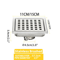 Caniveau de Douche Carré Anti-Odeur Inox 304, Grille 11 ou 15 cm