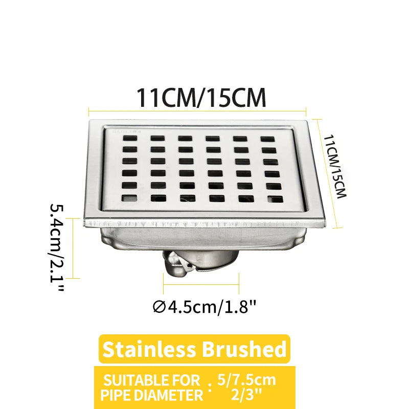 Caniveau de Douche Carré Anti-Odeur Inox 304, Grille 11 ou 15 cm