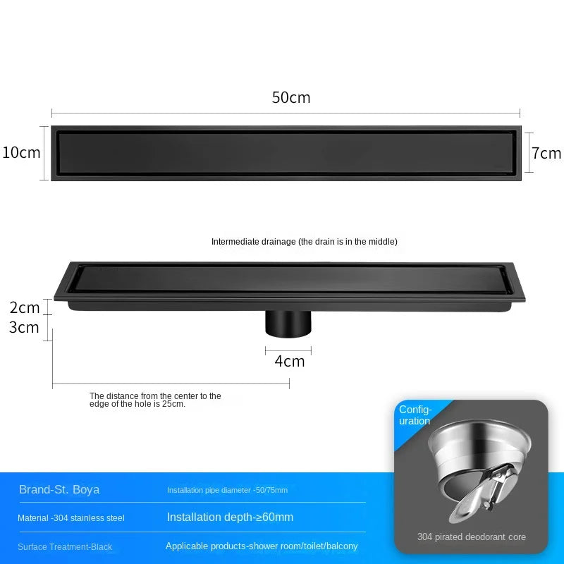 Caniveau de Douche Inox 304 Noir, Doré, Brossé, 20 à 60 cm