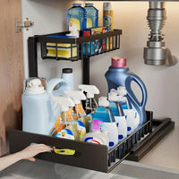 Rangement Sous Évier Coulissant 2 Niveaux Blanc ou Noir, Organisateur d'Armoire