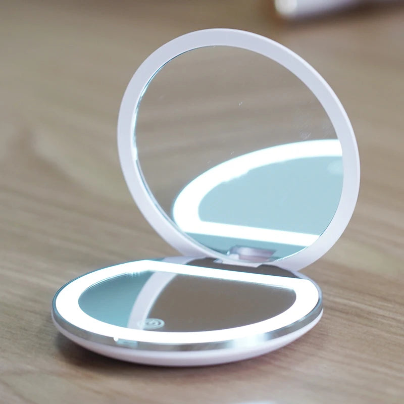Miroir de Poche LED Rond Pliant Grossissant 2x, Blanc ou Rose