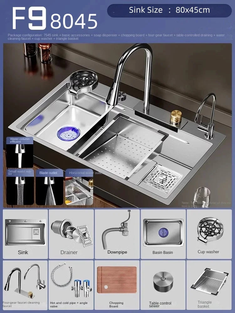 Évier Cuisine Inox 304 Cascade 1 Bac avec Robinet, 3 Largeurs