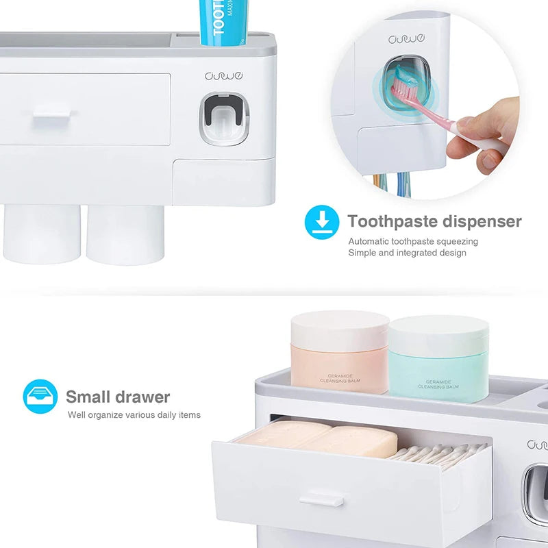 Porte-Brosse Mural Magnétique avec Tiroir et Distributeur de Dentifrice, 2 à 4 Gobelets