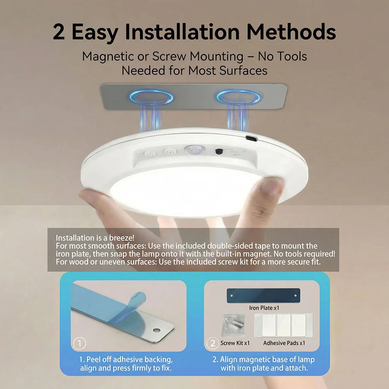 Plafonnier Cuisine Rond Sans Fil Batterie 8 000 mAh, Détecteur de Mouvement 150°
