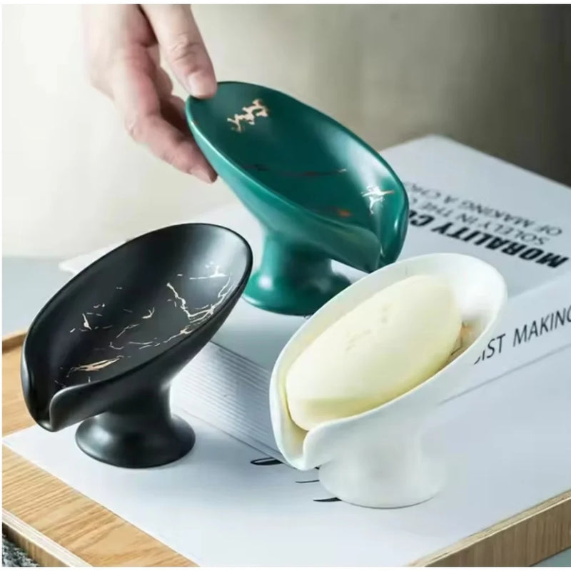Porte-Savon Céramique Veinures Dorées sur Socle, Blanc, Vert ou Noir