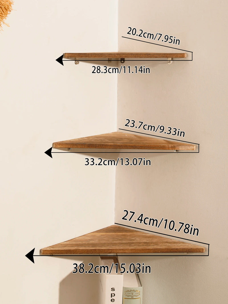Étagère d'Angle Murale en Bois Brûlé, Étagère Seule ou Lot de 3