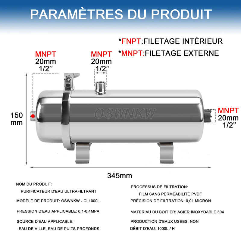 Filtre à Eau Ultrafiltration Inox Toute la Maison, 650 à 7600 L/h