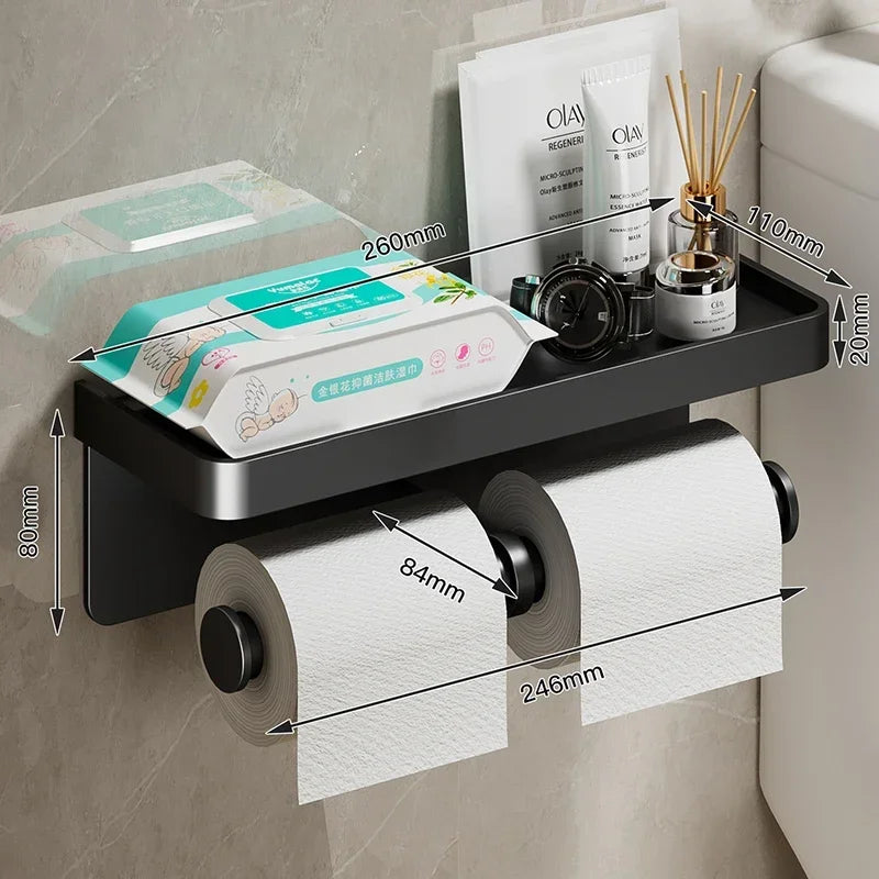 Porte-Papier Toilette avec Tablette Aluminium Noir ou Gris, 1 ou 2 Rouleaux
