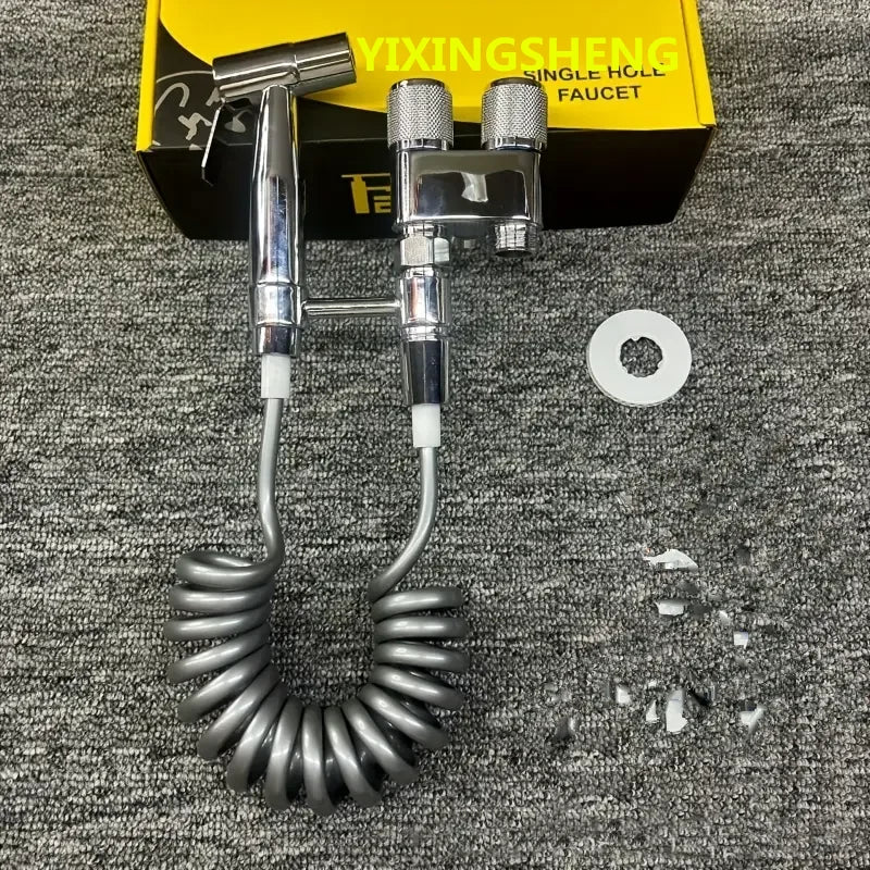 Robinet d'Angle Double Sortie, Douchette WC en Option, Noir Chromé Gris