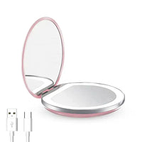 Miroir de Poche LED Rond Rechargeable 1x/3x, Rose ou Blanc