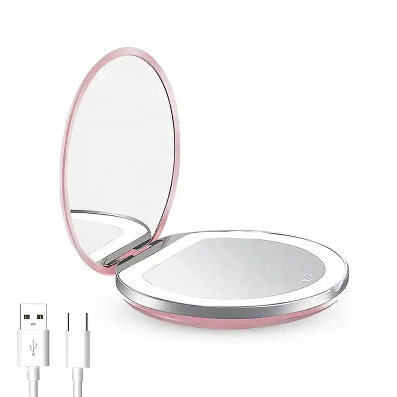 Miroir de Poche LED Rond Rechargeable 1x/3x, Rose ou Blanc