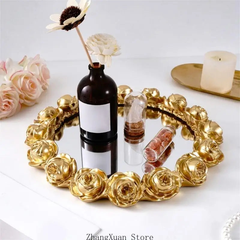 Plateau Miroir Rond Roses en Relief Doré ou Blanc 25 cm
