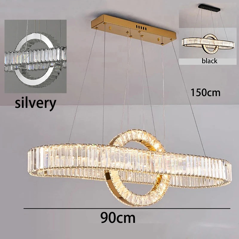 Suspension Cuisine LED Cristal Linéaire à Anneau, 90 à 150 cm