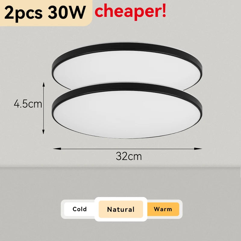 Plafonnier Cuisine LED Rond Ultra Plat 4,5 cm, Blanc ou Noir, 15 à 50 W