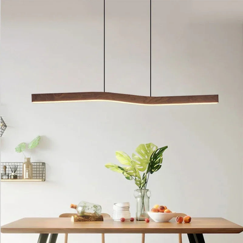 Suspension Cuisine Linéaire LED Bois de Noyer Ondulée, 90 à 150 cm