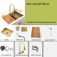 Évier Cuisine Inox 304 Doré Brossé 1 Bac Multifonction, 68 ou 75 cm