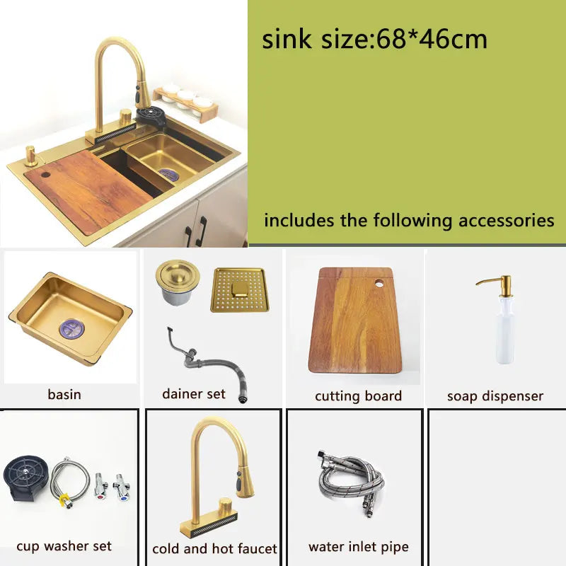 Évier Cuisine Inox 304 Doré Brossé 1 Bac Multifonction, 68 ou 75 cm
