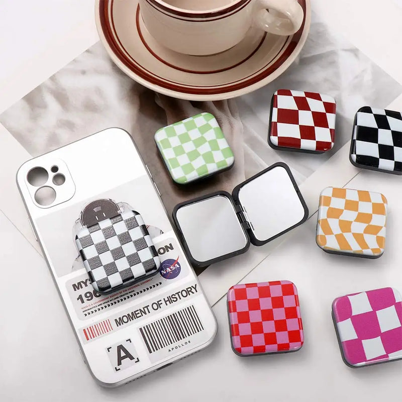 Miroir de Poche Carré Damier avec Poignée Support de Téléphone, 10 Motifs