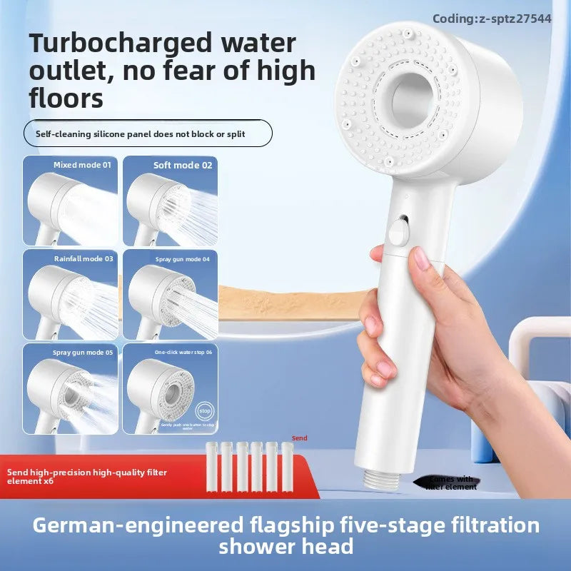 Pommeau de Douche Haute Pression 5 Modes avec 6 Filtres Gris, Blanc ou Bleu