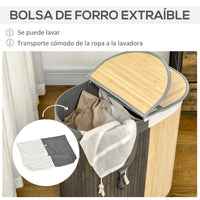 Panier à Linge Bambou 2 Compartiments avec Couvercles, 100 L, Gris et Bois