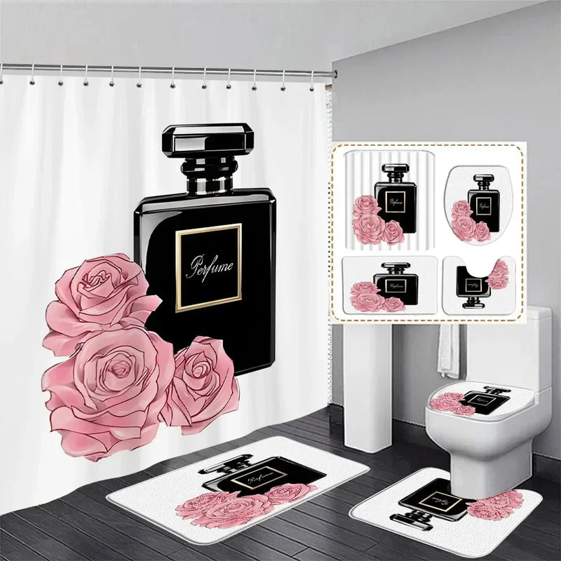 Rideau de Douche Flacon Parfum 180x180 cm et Tapis à la Pièce