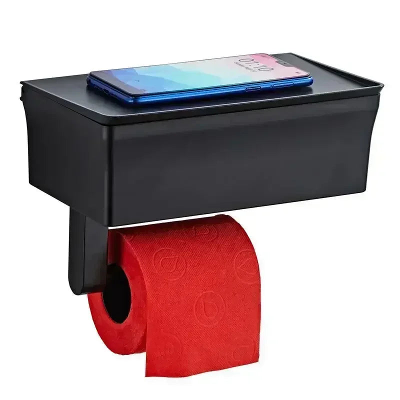 Porte-Papier Toilette Adhésif avec Boîte de Rangement et Tablette, Noir ou Blanc