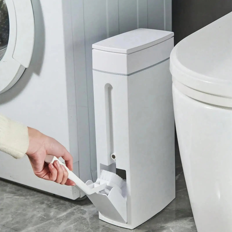 Poubelle Salle de Bain Étroite 4,5 L avec Brosse WC Intégrée, Blanche