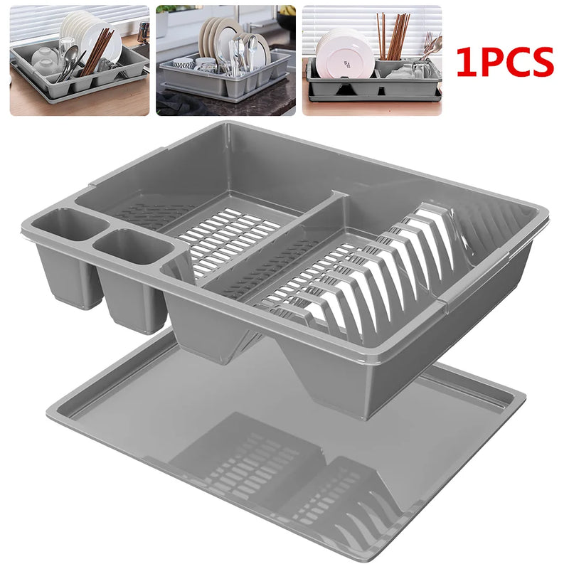 Égouttoir à Vaisselle Plastique Gris avec Plateau et Compartiments à Couverts 45 cm