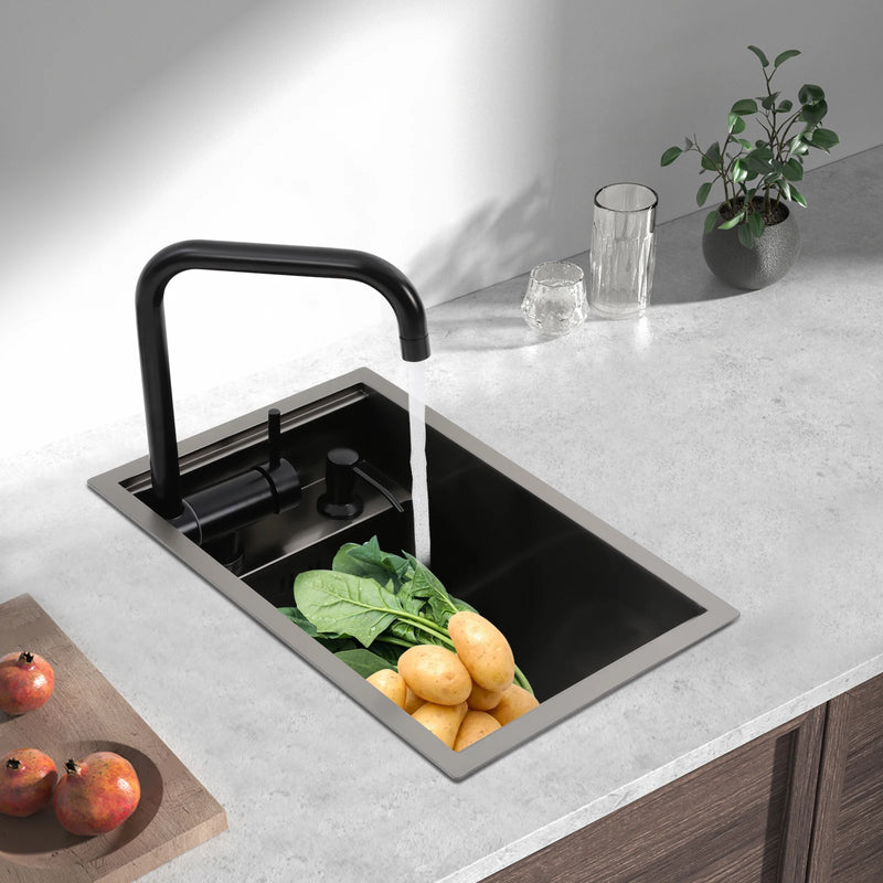 Évier de Cuisine Inox 304 Robinet Pliable, Gris Anthracite, 45 x 30 cm