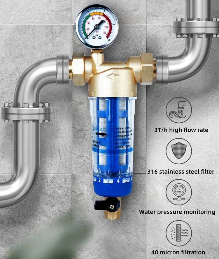 Préfiltre d'Eau Maison à Rétrolavage, avec ou sans Manomètre, DN15 ou DN20