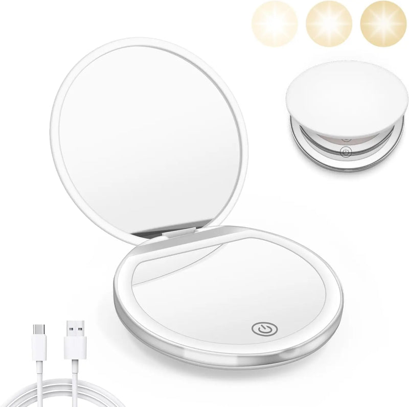 Miroir de Poche LED Rond Rechargeable 1x/3x, Rose ou Blanc