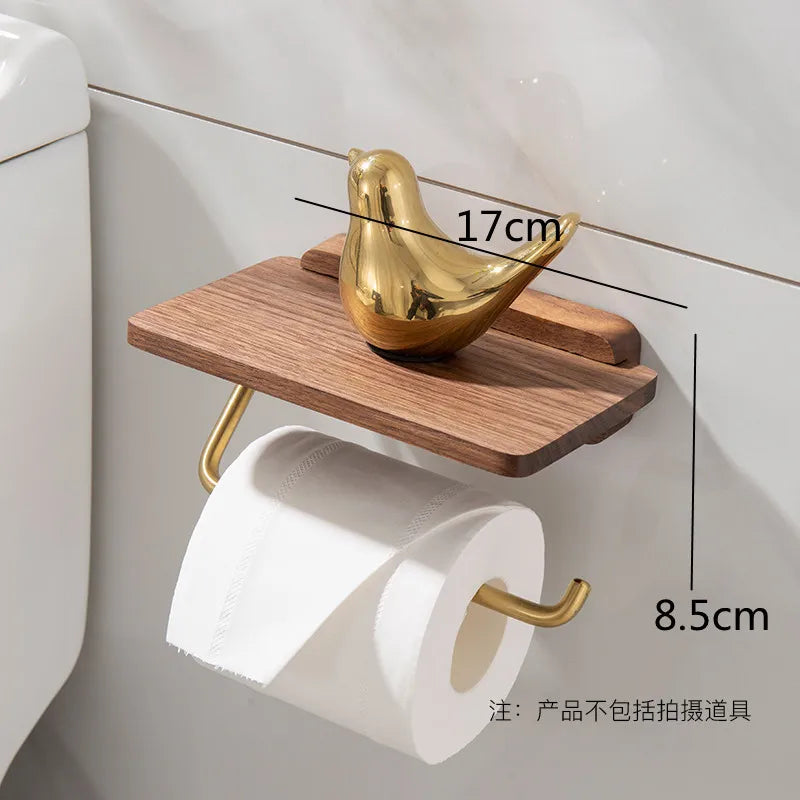 Porte-Papier Toilette Mural en Bois avec Tablette Doré