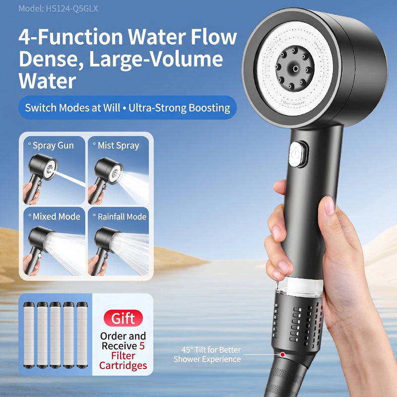 Pommeau de Douche Turbo Noir 4 Modes, 119 Micro-Orifices et 5 Cartouches