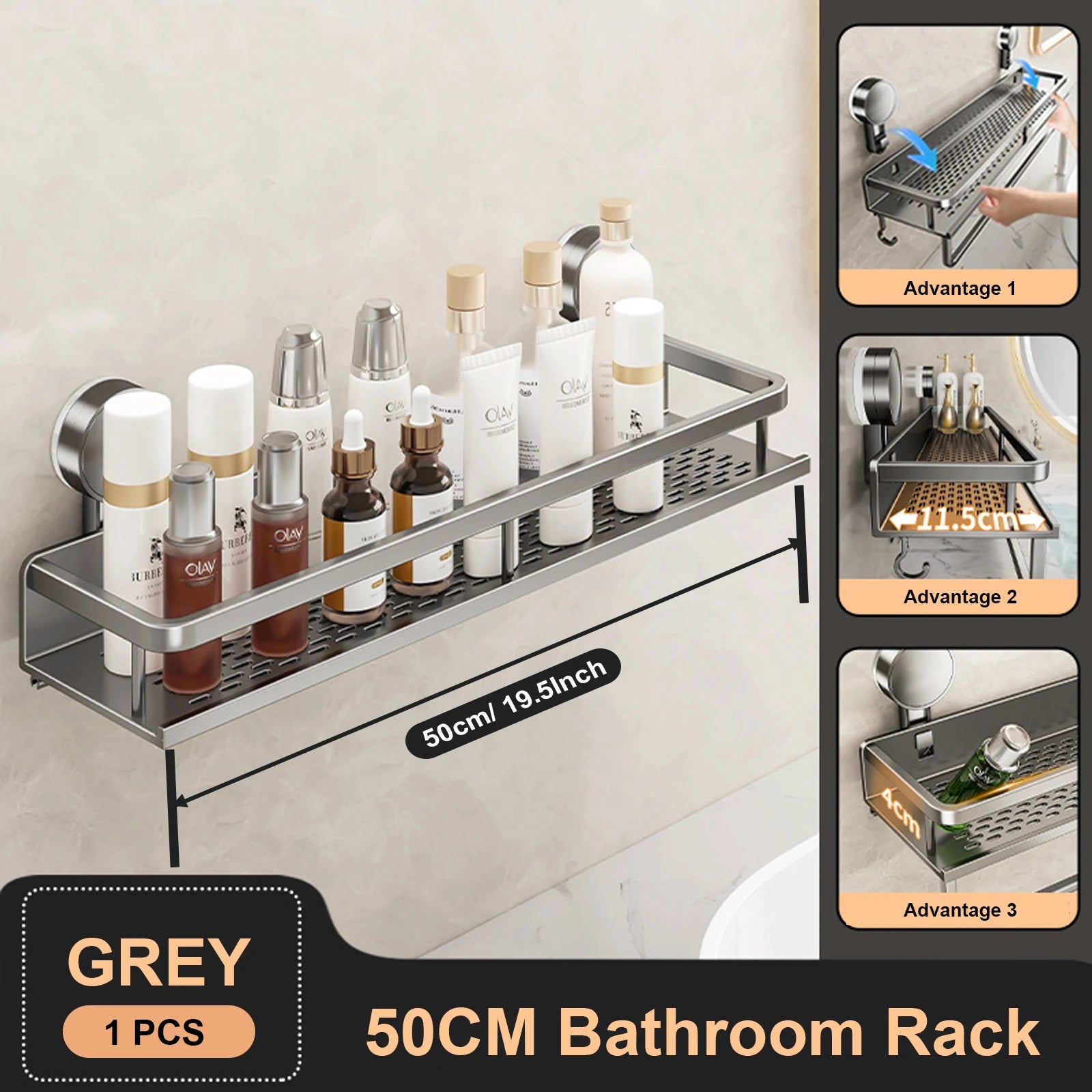 Étagère Salle de Bain à Ventouse Aluminium Gris, 30 à 50 cm
