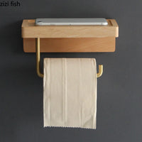 Porte-Papier Toilette Mural avec Étagère en Hêtre ou Noyer, Bras Doré, 18 ou 28 cm