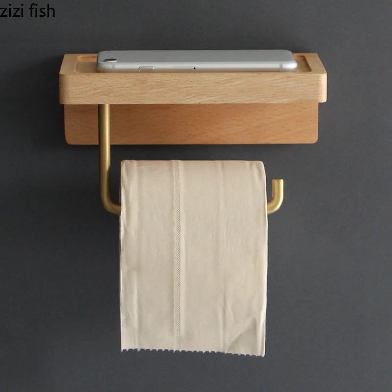 Porte-Papier Toilette Mural avec Étagère en Hêtre ou Noyer, Bras Doré, 18 ou 28 cm