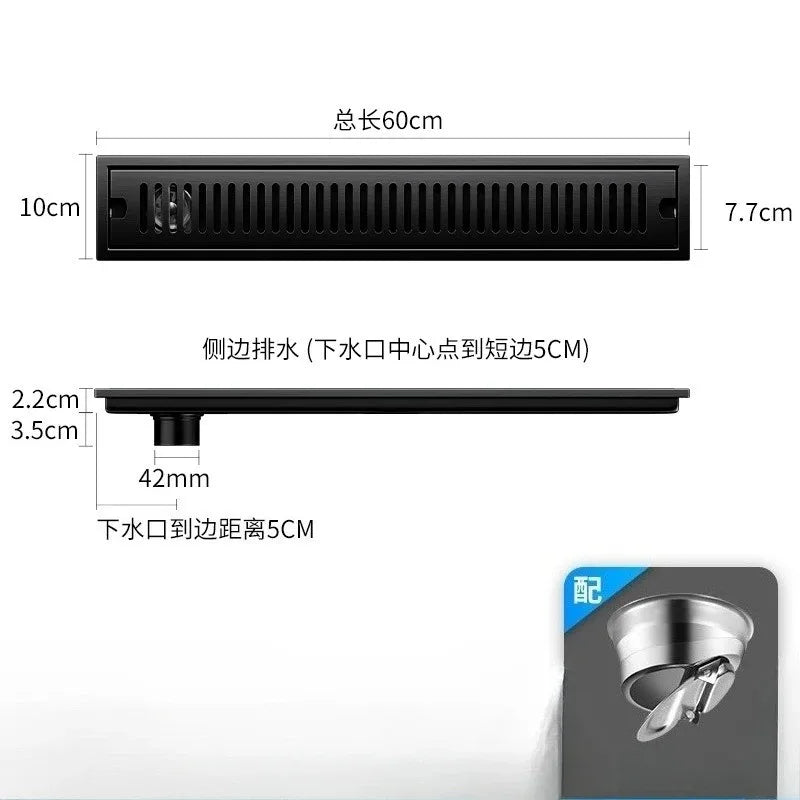 Caniveau de Douche Rectangulaire Inox 304 Anti-Odeur 10 x 60 cm