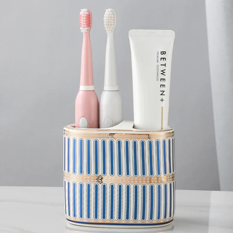 Porte-Brosse à Dents et Dentifrice Céramique Ovale, 4 Décors, 11 cm