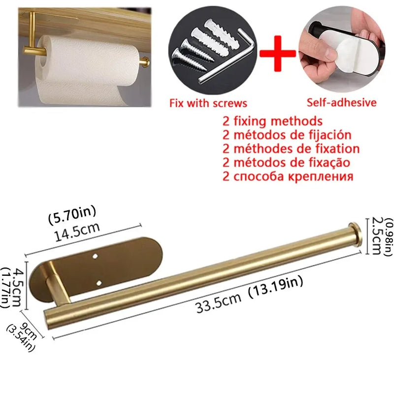 Porte-Essuie-Tout Adhésif Inox Sans Perçage, Noir, Argenté ou Doré, 33,5 cm