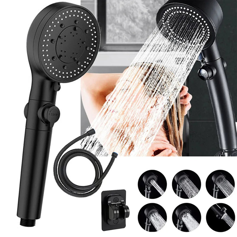 Pommeau de Douche Noir 5 Modes, Buses Silicone Autonettoyantes, Kit Complet