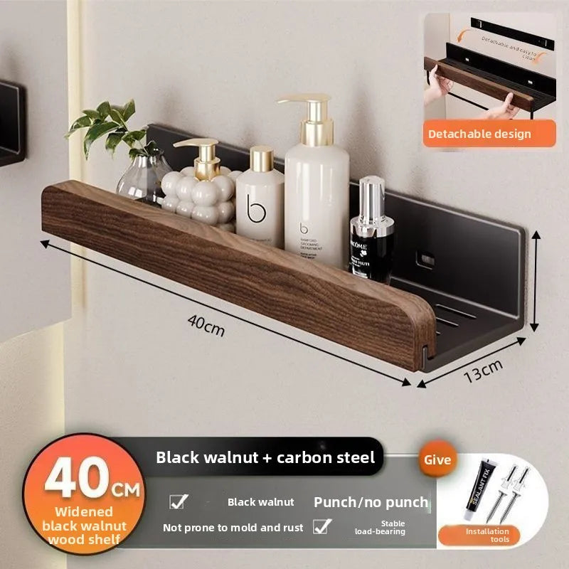 Étagère Murale Salle de Bain Noyer et Acier Noir, 30 à 60 cm, Sans Perçage